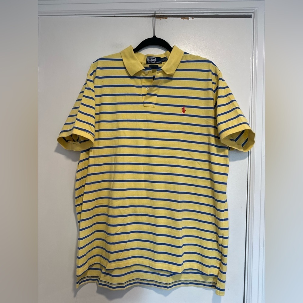 POLO RALPH LAUREN Sz:XXL Pique yellow/ navy/white  striped Cotton Polo Shirt.